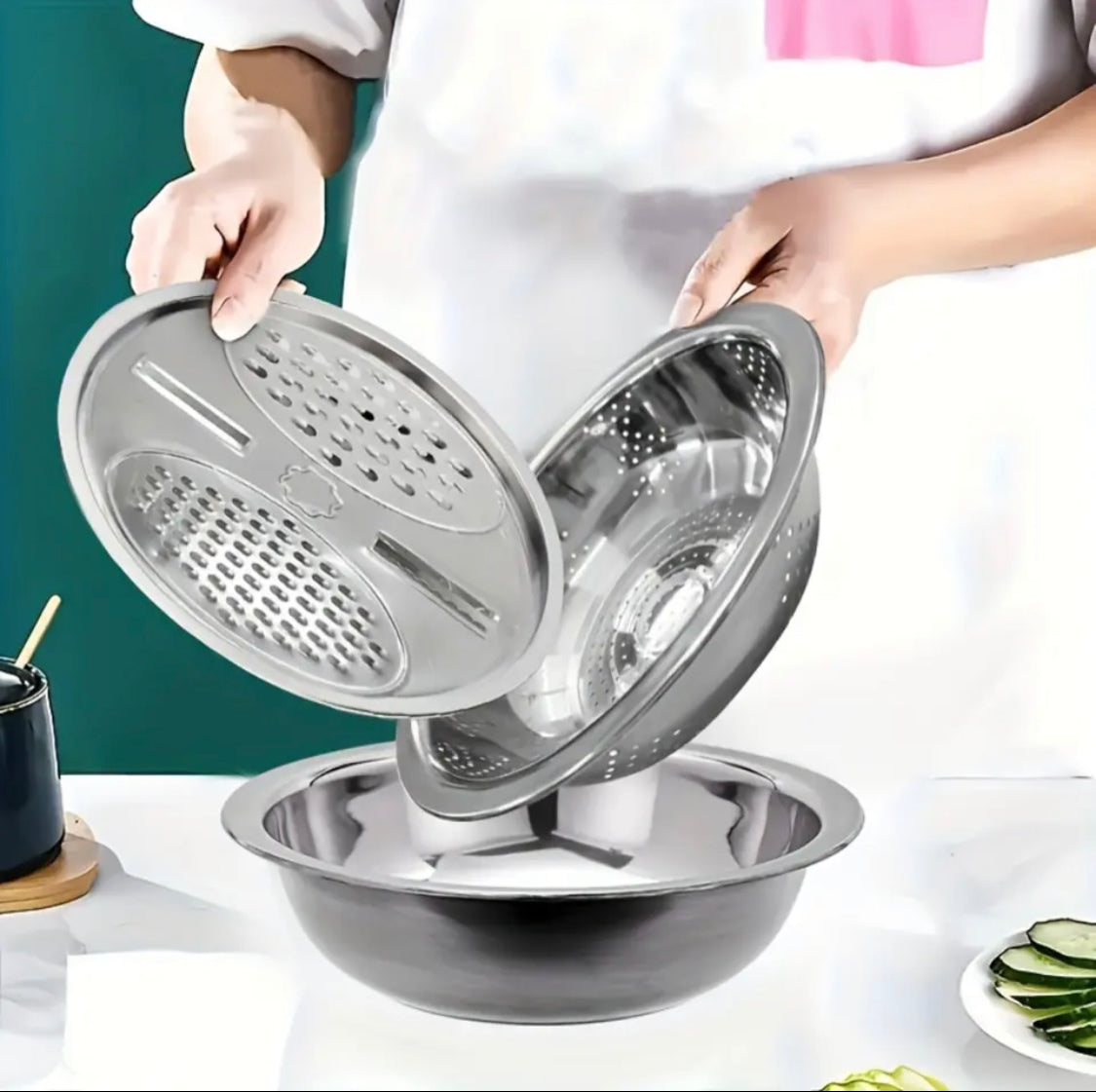 Stainless Steel 3 in 1 Colanders Basin, Multifunctional Vegetable Slicer Graters, Thickened Drainage Basin Stainless Steel 3 in 1 Colanders Basin, Multifunctional Vegetable Slicer Graters, Thickened Drainage Basin